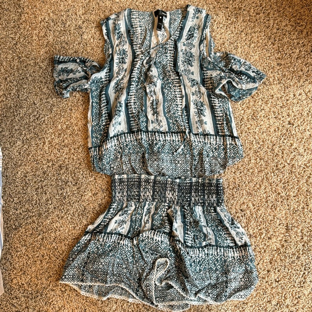 Aqua set, shorts and open shoulder top, size small